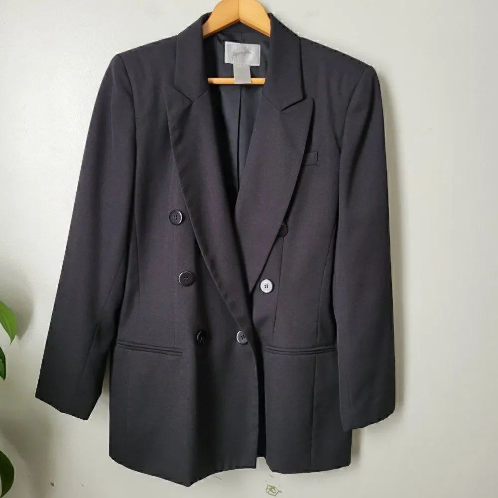 EUC JACQUELINE FERRAR BLACK LONGLINE BLAZER JACKET DOUBLE BREASTED SIZE 12 / L